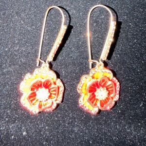 Elegant Floral Drop Earrings in Red and Gold